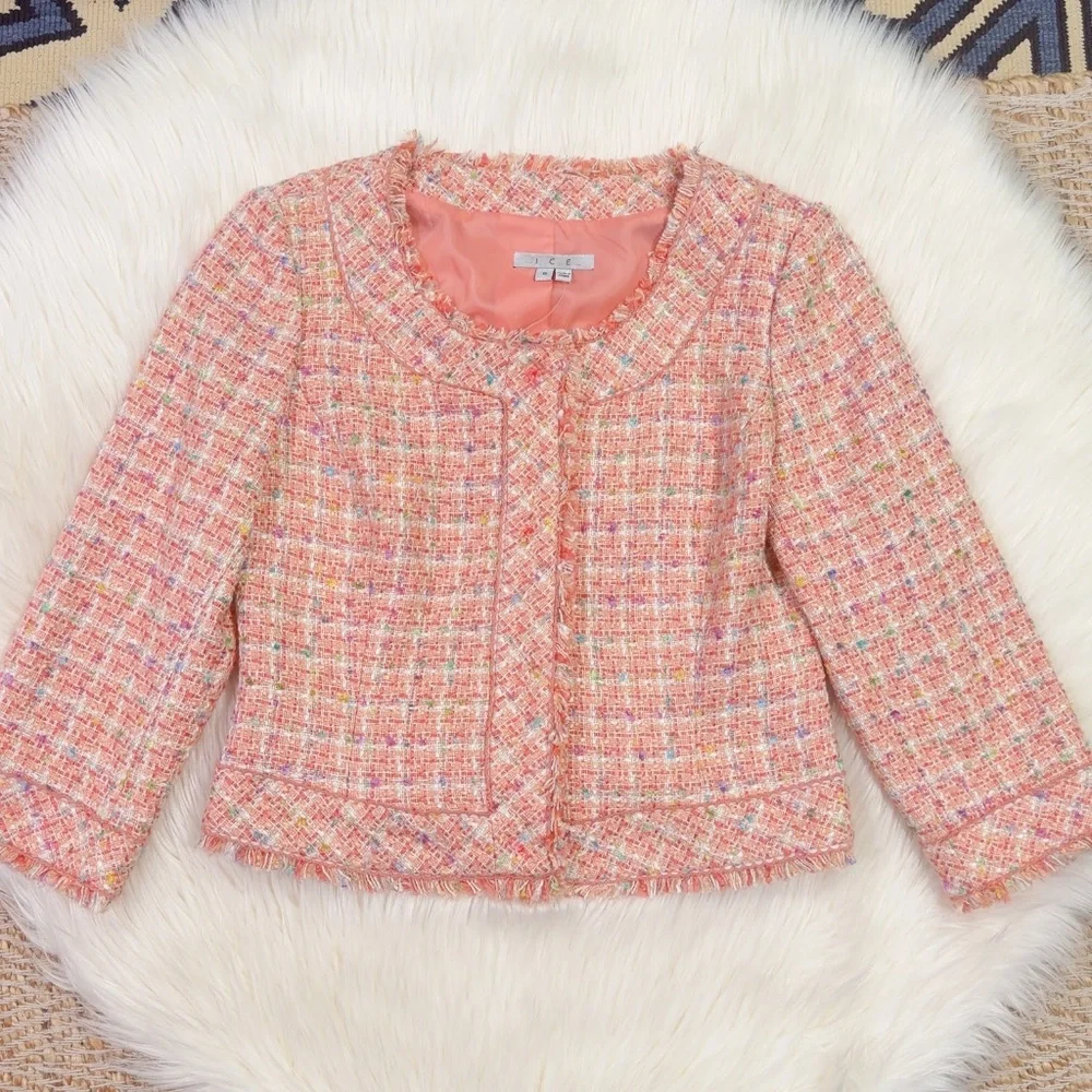 Ice Women's Pink Multi Fringe Silk Blend Tweed Short Blazer Jacket Size 8 - Picture 5 of 9